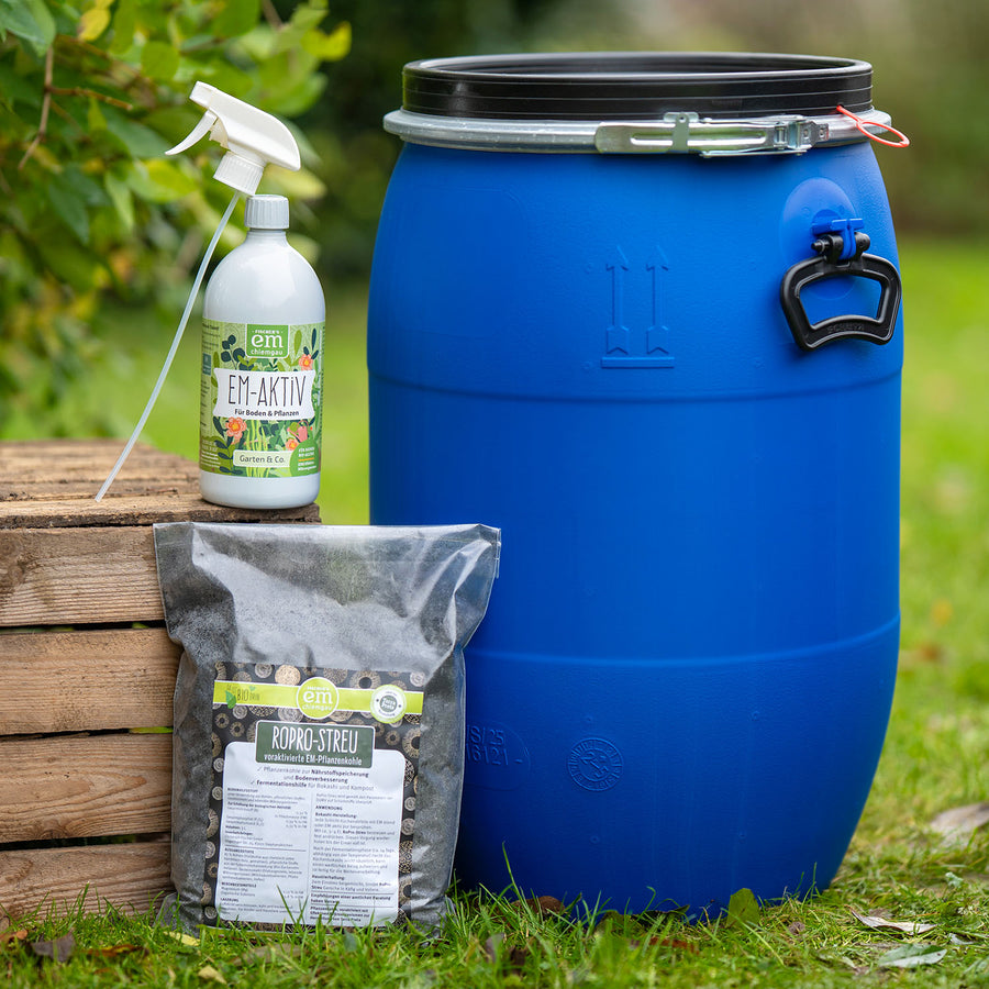 Rasenbokashi Set mit 64 Liter Fass zur Herstellung von fermentiertem Rasenschnitt als Dünger und Mulch