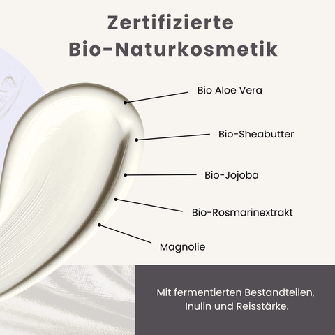 Mit Bio Aloe Vera, Bio-Sheabutter, Bio-Jojoba, Bio-Rosmarinextrakt und Magnolie