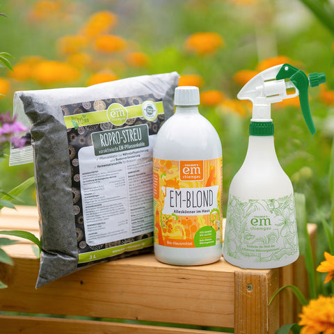 Bokashi Starter Kit klein mit Pflanzenkohle, EM-blond und EM-Chiemgau Sprühflasche