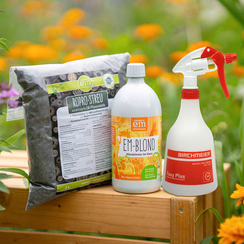 Bokashi Starter Kit klein mit Pflanzenkohle, EM-blond und Birchmeier Sprühflasche