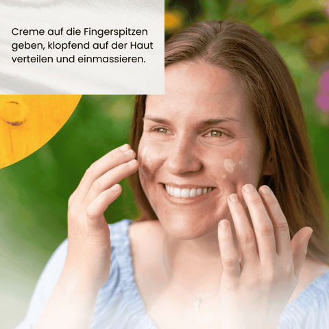 Creme auf die Fingerspritzen geben, klopfend auf der Haut verteilen und einmassieren