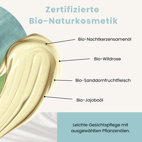 Mit Bio-Nachtkerzensamenöl, Bio-Wildrose, Bio-Sanddornfruchtfleisch und Bio-Jojobaöl