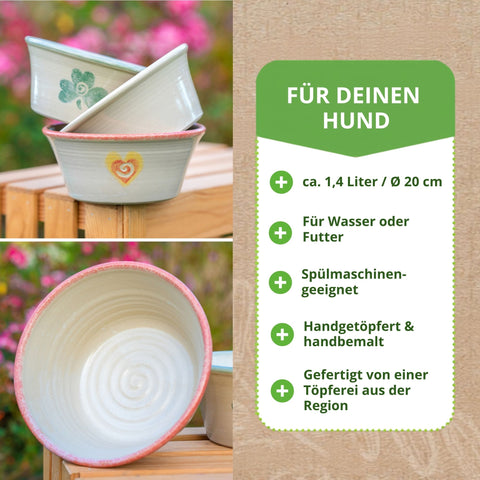 Ca. 1,4 L Hundenapf. Spülmaschinengeeignet. Handgetöpfert und handbemalt. Aus der Region.