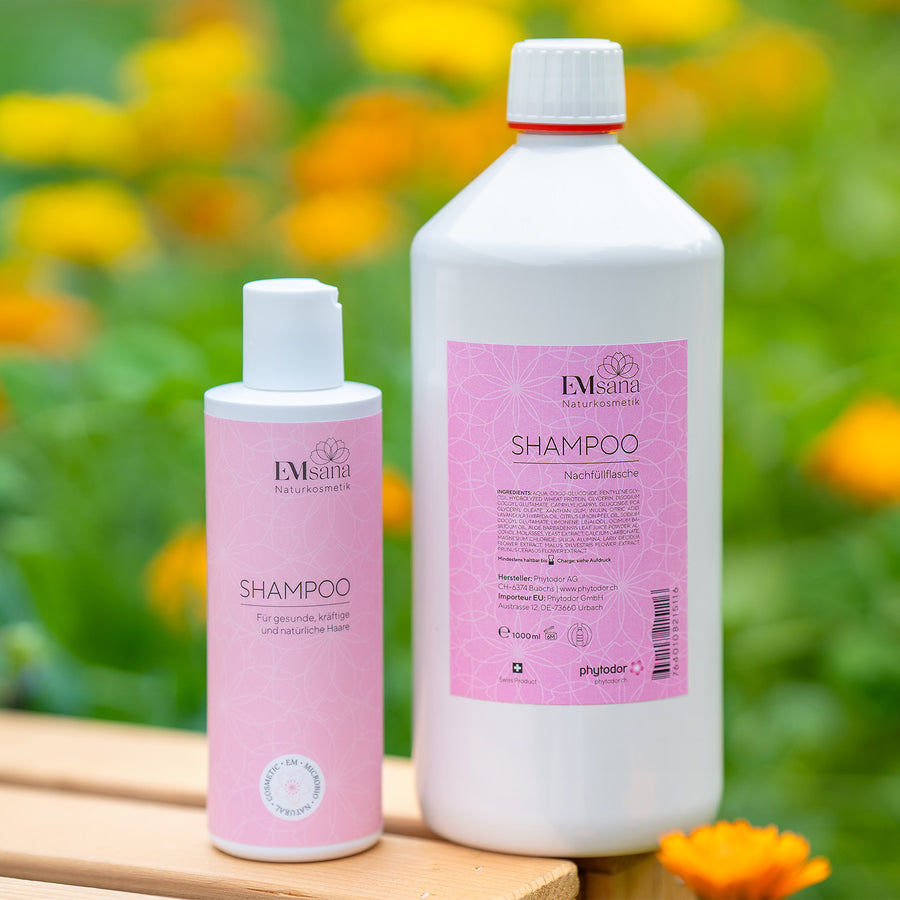 EMsana natürliches  Shampoo in der 200 ml und 1 l Nachfüllflasche