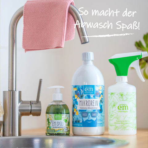 EM-Spüli Geschirrspülmittel Gruppenbild mit Spüli, Mikrorein & Sprühflasche