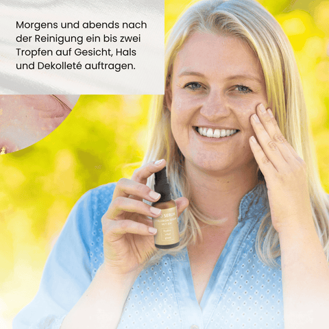 Morgens und abends nach der Reinigung ein bis zwei Tropfen auf Gesicht, Hals und Dekolleté auftragen