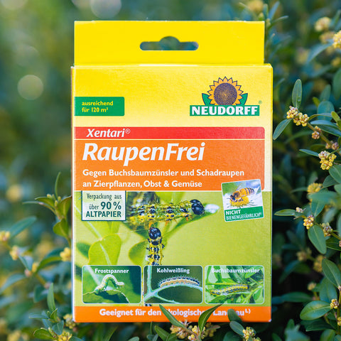 Xentari Raupenfrei von Neudorff  für 120 m²  Fläche - hilft gegen schädliche Raupen wie Buchsbaumzünsler, Kohlweißling und Frostspanner