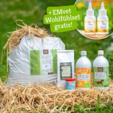 Das Pferde-Set mit den Komponenten Pegasus Ferment, Verdauungskräuter, EM-blond, RoPro Pferdesalbe, Pegasus, Pegasus-Ferment (Futterbokashi), EM-Vet Emulsion & Magnesium