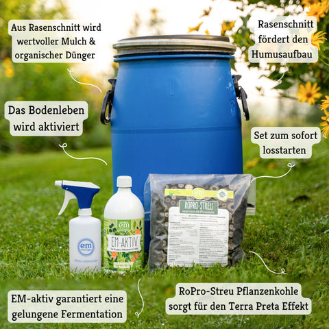 Rasenbokashi Set groß - mit 64 L Fass