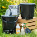 Bokashi Restemeister Set mit 2 Eimern, EM-blond, Pflanzenkohle und einer hochwertigen Sprühflasche