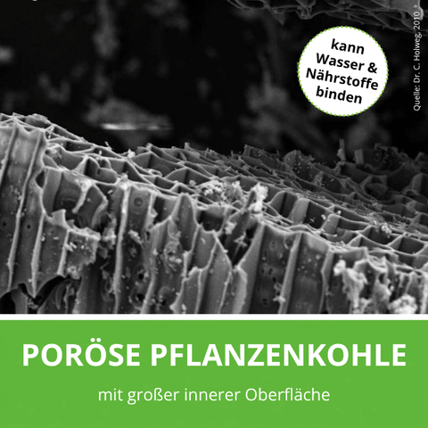 RoPro-Streu Pflanzenkohle mit poröser Oberfläche kann Wasser & Nährstoffe binden. 