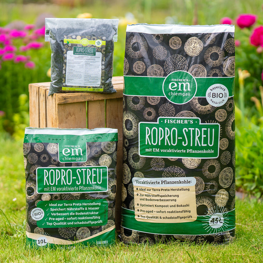RoPro Streu Pflanzenkohle für Garten und Bokashi erhältlich im 3 Liter, 10 Liter und 45 Liter Sack