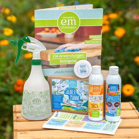 Saubermann Reinigungsset mit EM-blond, Sapalotta, EM-Kalklöser, Sprühflasche, Etiketten und Reinigungsbroschüre