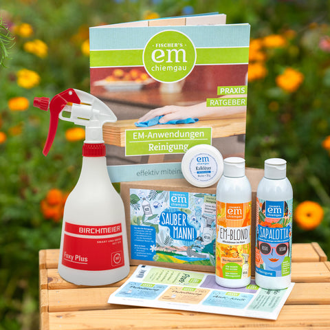 Saubermann Reinigungsset mit EM-blond, Sapalotta, EM-Kalklöser, Sprühflasche, Etiketten und Reinigungsbroschüre