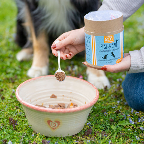 Susi & Sam Nahrungsergänzung für Hunde wird einfach zum Futter in den Napf gegeben