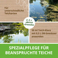 2-3 mal jährlich anwenden. 50 ml Teich-Klara mit 0,5 L EM-Gewässer anwenden