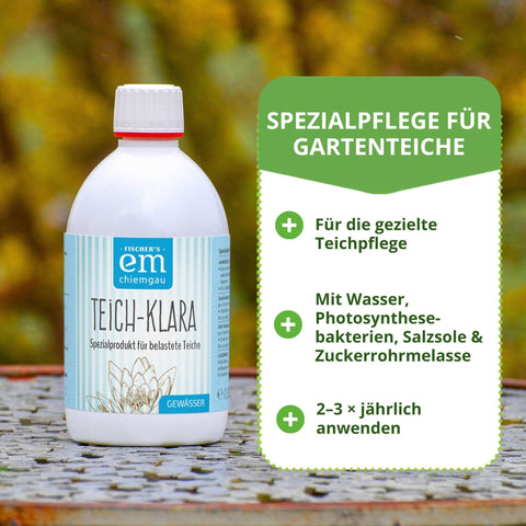 Spezialpflege für Gartenteiche mit Wasser, Photosynthesebakterien, Salzsole und Zuckerrohrmelasse