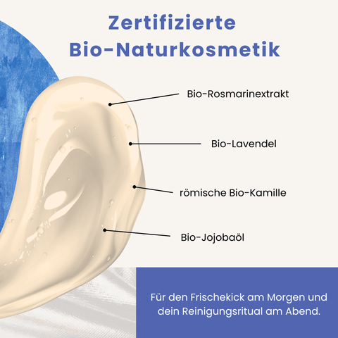 Mit Bio-Rosmarinextrakt, Bio-Lavendel, römische Bio-Kamille und Bio-Jojobaöl