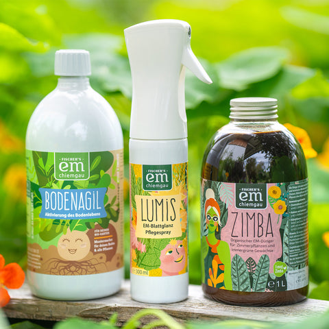 EM nachhaltiges Zimmerpflanzen Pflege-Set „Power" mit Zimba Flüssigdünger, Bodenagil und Lumis Blattglanzspray